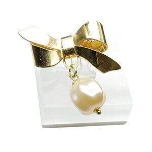 Vintage Gold Plated Bow Brooch With Pearl Drop Pendant